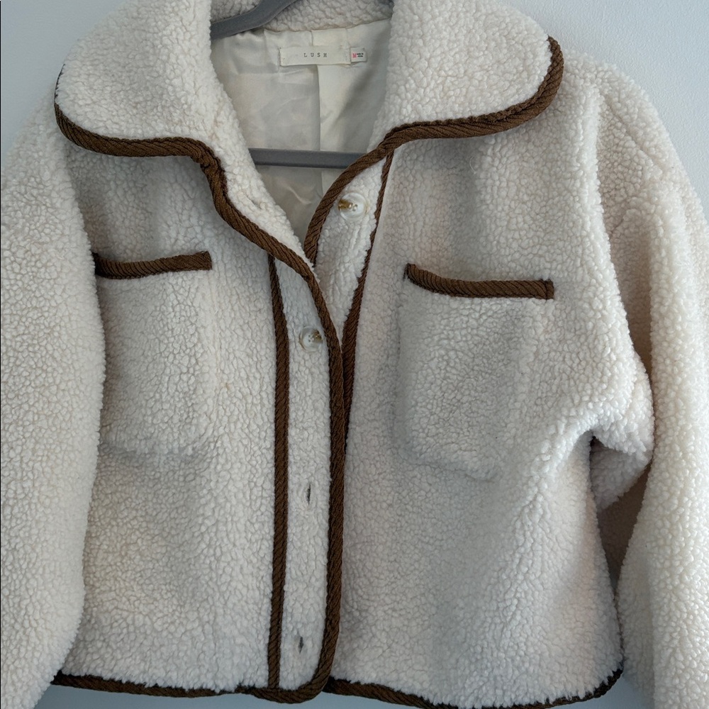 Lush Cream Teddy Jacket with Brown Trim - Picture 4 of 4